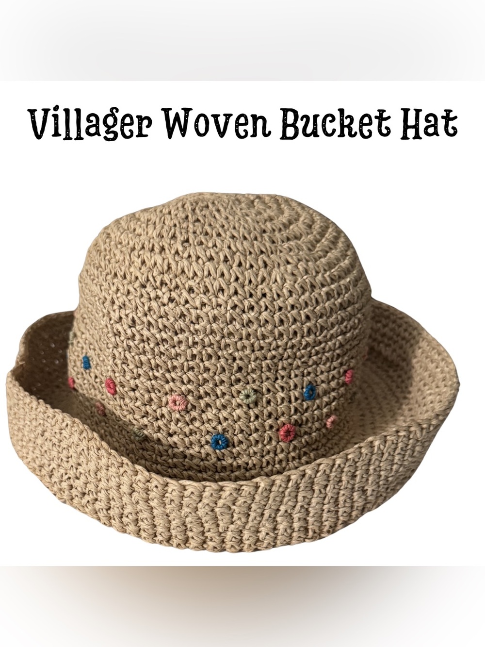 Villager Woven Raffia Bucket Hat Beige Floral Embroidered Flowers Summer Sun Hat
